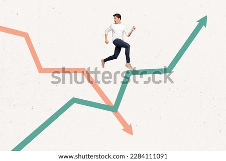Photo picture creative collage of young businessman running away from recession inflation career growth isolated on white background