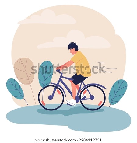 Active lifestyle. Character enjoying being outside, riding a bike in the city park. School boy summer break activity. Flat vector illustration