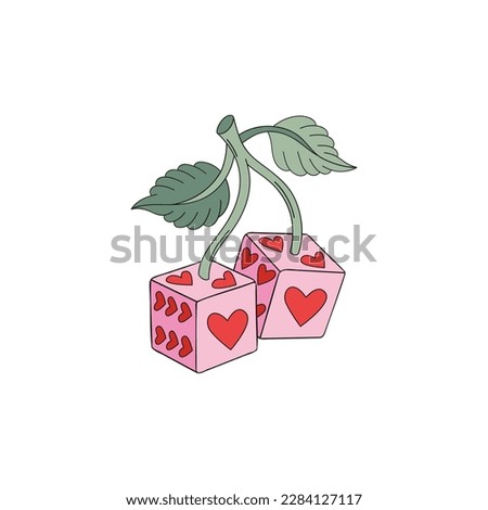 Howdy Valentines Day cherry luck dice with heart shape spots vector illustration isolated on white. Wild west game of chance print for 14 February holiday postcard.
