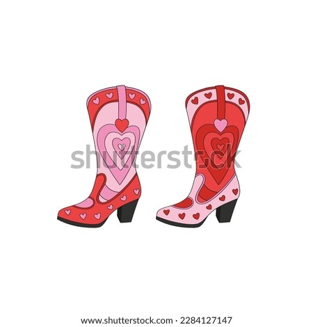 Howdy Valentines Day cowgirl heart ornament boots vector illustration isolated on white. Red Pink aesthetics Wild west female shoes print for 14 February holiday.