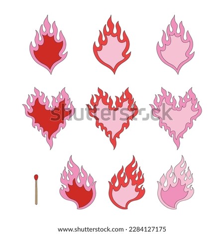 Howdy Valentines Day flaming hearts matches vector illustration set isolated on white. St Valentine Day Red Pink aesthetics fire heart print collection for love postcard design.