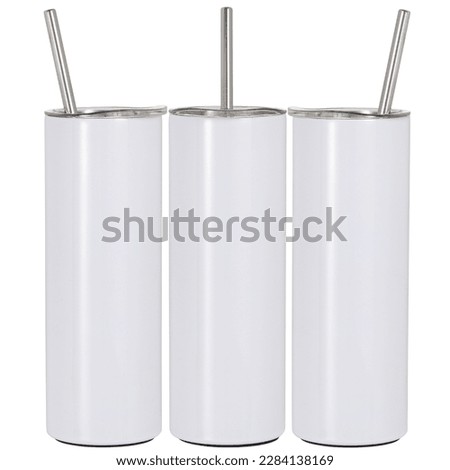 White skinny tumblers with metal straw mockup template, isolated on white. Royalty-Free Stock Photo #2284138169