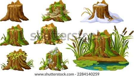 Cartoon broken tree in moss in swamp jungle. Stump with liana branches, ivy, cattails, bulrush. Log in honey mushrooms, under snow, with fungus. Isolated vector elements game on white background. Royalty-Free Stock Photo #2284140259