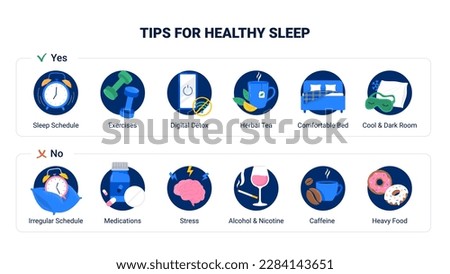 Tips for better sleep. Good and bad sleep rules. Healthy care info graphics. Trendy flat vector illustrations for web banner or landing page. Royalty-Free Stock Photo #2284143651