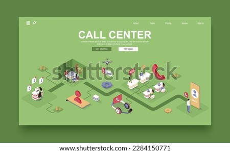 Call center concept 3d isometric landing page template. People work in customer support center, answer calls and messages, help and solve problem. Vector illustration in isometry graphic design.