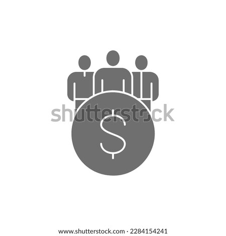 Coin with team, business team, user group grey fill icon. Finance, payment, invest finance symbol design.