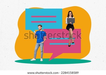 Creative collage photo artwork 3d sketch of young cheerful people talking communicating writing messages isolated painted background