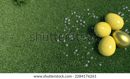 golden easter eggs on a grass, with ultra wide screen