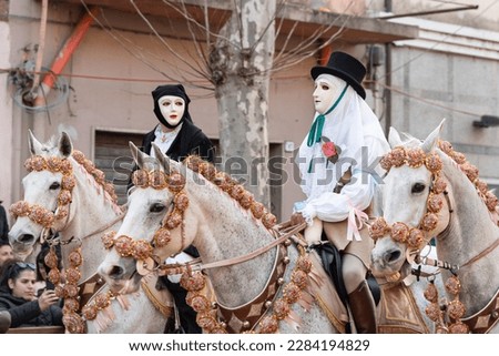 Oristano, Sardinia, Italy, february 20 2023 Traditional mask of the horse sartiglia race 