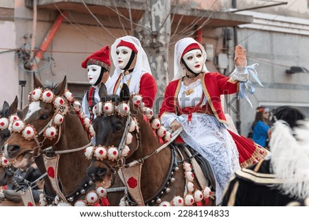 Oristano, Sardinia, Italy, february 20 2023 Traditional mask of the horse sartiglia race 