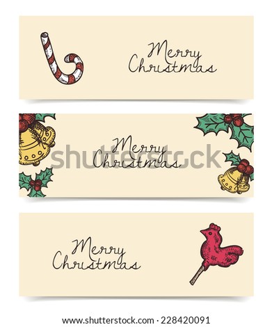 Christmas vector horizontal banners, vintage drawings style on parchment or brown paper