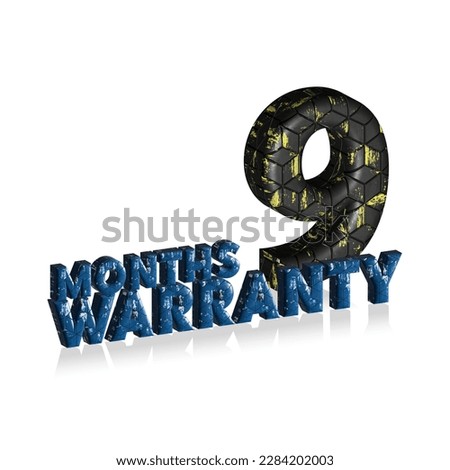 9 Months Warranty 3d text on white background, 3D illustration text for design.