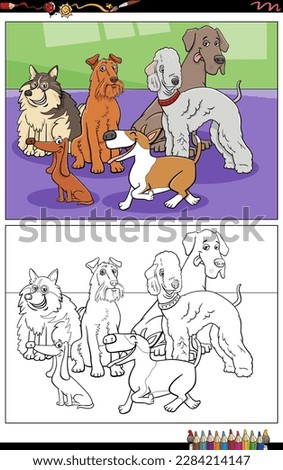 Cartoon illustrations of funny purebred dogs animal characters group coloring page