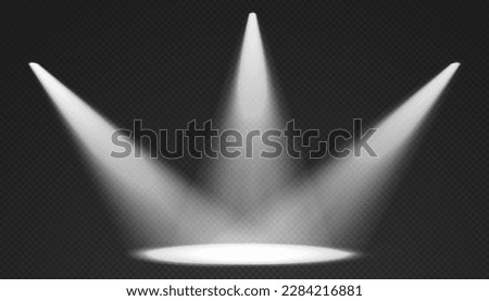Three stage limelights. White conelights from top with darkened edges. Volumetric spotlight effect on dark background. Empty studio or concert scene. 3d rendering. Royalty-Free Stock Photo #2284216881