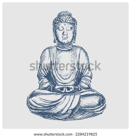 meditating buddha statue sketch obsolete blue style raster illustration. Old hand drawn azure engraving imitation.
