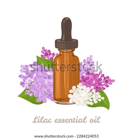 Essential oil of lilac flowers. Amber glass dropper bottle  and flowers isolated on white background. Vector illustration in cartoon flat style. Royalty-Free Stock Photo #2284224053