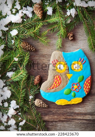 Christmas homemade gingerbread cookie in the form of an owl on a wooden background with fir branches, cones and snow, selective focus, space for text. Toned