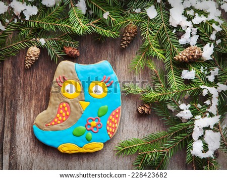 Christmas homemade gingerbread cookie in the form of an owl on a wooden background with fir branches, cones and snow, selective focus, space for text. Toned