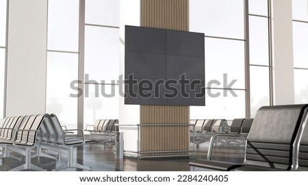 Blank black led display in airport lounge mockup, side view, 3d rendering. Empty lcd flatscreen or tv frame for transport information mock up. Clear travel area with digital monitor. 3D Illustration