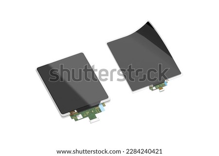 Blank black flexible flat and folded corner rectangular display mockup, 3d rendering. Empty flexibility tablet frame repair mock up, isolated. Clear rectified or fix digital screen. 3D Illustration