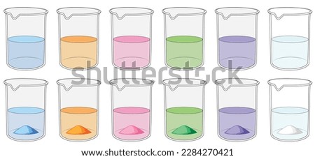 solutions with different colors in beakers, supersaturated solutions with precipitates Royalty-Free Stock Photo #2284270421