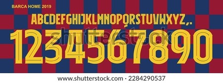 font vector team 2019 kit sport style. football style font with lines and points inside. messi. Barcelona font. barça font. spain. sports style letters and numbers for soccer team