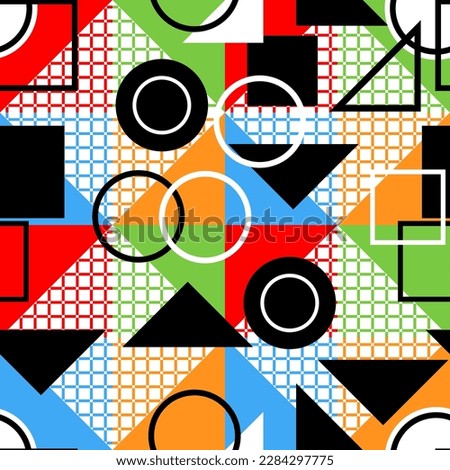 A Vector seamless pattern of colored abstract geometric shapes and grid
