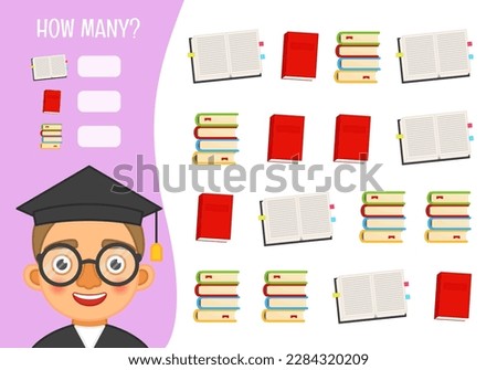 Counting educational children game, math kids activity sheet. How many objects task. Vector illustration of a cute student boy.
