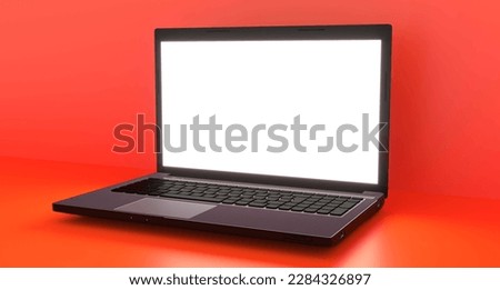 Laptop with blank screen isolated on orange background, white aluminium body. Whole in focus. High detailed. 3d rendering.
