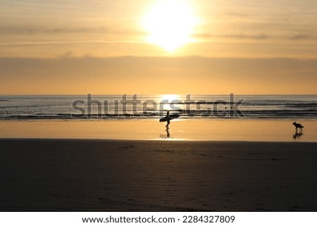 Surfer with a dog during the sunset in the beach of Pointe de la Torche, Bretagne, Finistere, France. 4th April 2023.