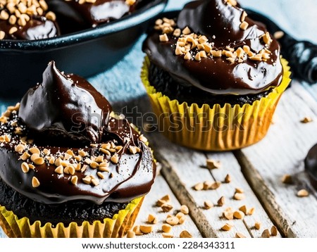 A chocolate lover's dream come true! Rich, moist chocolate cake covered in a smooth, velvety layer of chocolate icing. Indulge in the ultimate chocolate experience with this cupcake. Royalty-Free Stock Photo #2284343311