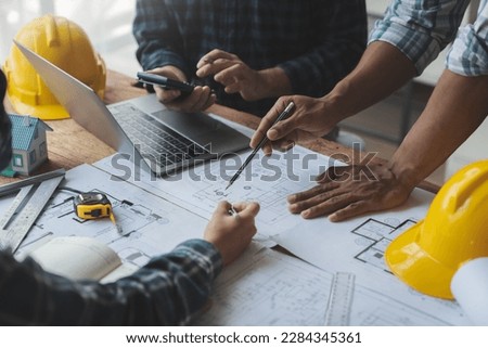 Architectural engineer team meeting Drawing and calculations for architectural structures and engineering tools in the workplace. Structural and technical construction concepts.
