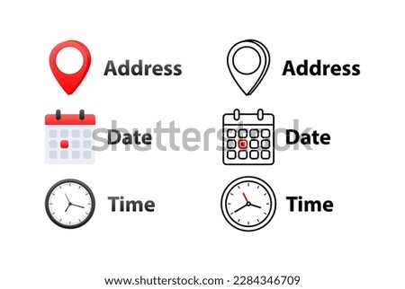 Address, date, time icons. Event elements. Location place, date reminder Royalty-Free Stock Photo #2284346709