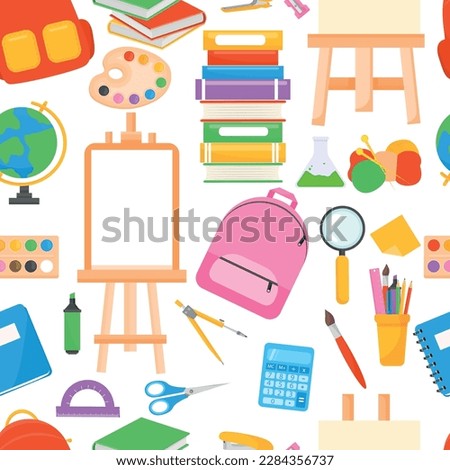 Vector cartoon seamless pattern with school stationery. Bright elements for textile design and gift packaging Royalty-Free Stock Photo #2284356737