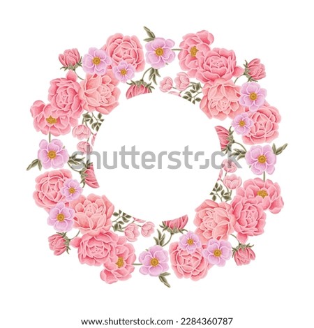 Beautiful romantic flower frame with roses, tulips, lilac floral, peony, poppy and leaf branch vector illustration elements