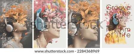 Music cover. A happy girl listens to music.  Set of vector illustrations. Typography design and vectorized illustrations on the background.