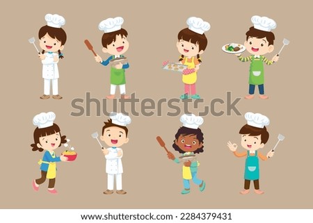 Chef kids. Little smiling boy and girl kitchen workers and cooking tools character