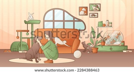 Woman spending time with her pets dog cats rabbit and fish in living room flat vector illustration