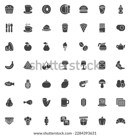 Food and drink vector icons set, modern solid symbol collection, filled style pictogram pack. Signs, logo illustration. Set includes icons as dessert, coffee, breakfast, fruits, vegetable, cake, tea