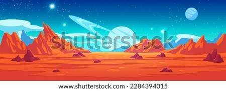Orange alien space planet game cartoon background. Fantasy world landscape with mountain and rock land desert surface. Red stone ground with crater, moon and saturn, star sparkle in sky galaxy Royalty-Free Stock Photo #2284394015