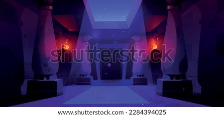 Night old Egypt or medieval stone corridor interior. Spotlight with bokeh effect and sparkle on floor in ancient dungeon. Magic underground path through symmetry column stars light from window
