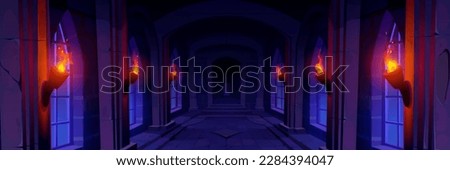 Night medieval stone castle cartoon game background. Mystic dungeon interior with floor, wall, window and fire torch. Fantasy palace corridor perspective view with symmetry inside design to explore. Royalty-Free Stock Photo #2284394047