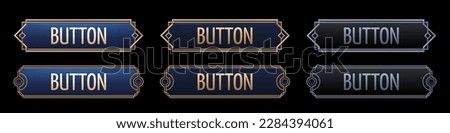 Set of art deco buttons isolated on black background. Realistic vector illustration of bronze, golden, silver metal luxury ui frames with sophisticated decoration. Medieval style border. Sprite sheet Royalty-Free Stock Photo #2284394061