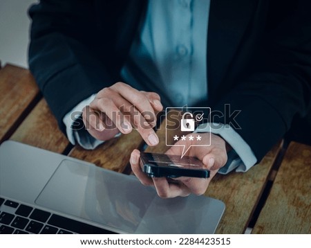 Unlocked mobile phone, cyber security technology concepts. Padlock and passcode code symbol showing on smartphone in person hands after validate password, Identity verification. Business unlocking. Royalty-Free Stock Photo #2284423515