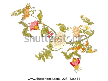 Fantasy flowers in art nouveau style, vintage, old, retro style. Clip art, set of elements for design. Vector illustration.