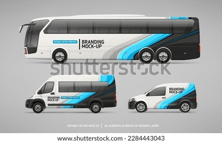 Realistic 3d vector Coach Bus, passenger Van and commercial Car mockup with abstract branding identity design Royalty-Free Stock Photo #2284443043
