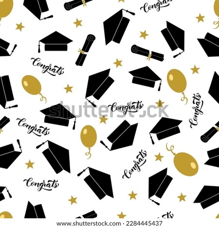 Funny graduation seamless pattern. Caps thrown up. Grad ceremony backdrop. Vector template for fabric, textile, wallpaper, wrapping paper, etc.  Royalty-Free Stock Photo #2284445437