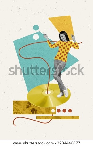 Vertical 3d collage picture of cheerful mini black white colors girl stand dancing big cd disc isolated on painted background