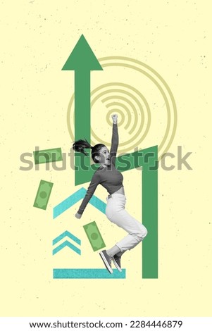 Vertical collage image of excited black white effect girl raise fist jumping cash banknotes growing arrow upwards isolated on creative background