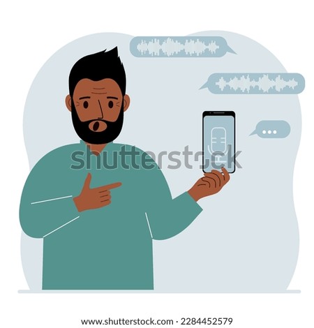 A man holds a smartphone using a voice assistant application. Voice recognition concept. Smart speaker applications, office controller, hands-free phone calls, voice command software. 